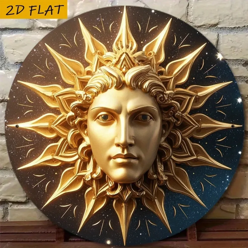 2D Flat Wooden Sun Face Wall Art Greek Apollo Helios Golden Sunburst Sign Vintage Rustic Metal Tin Decor for Home Garden Outdoor
