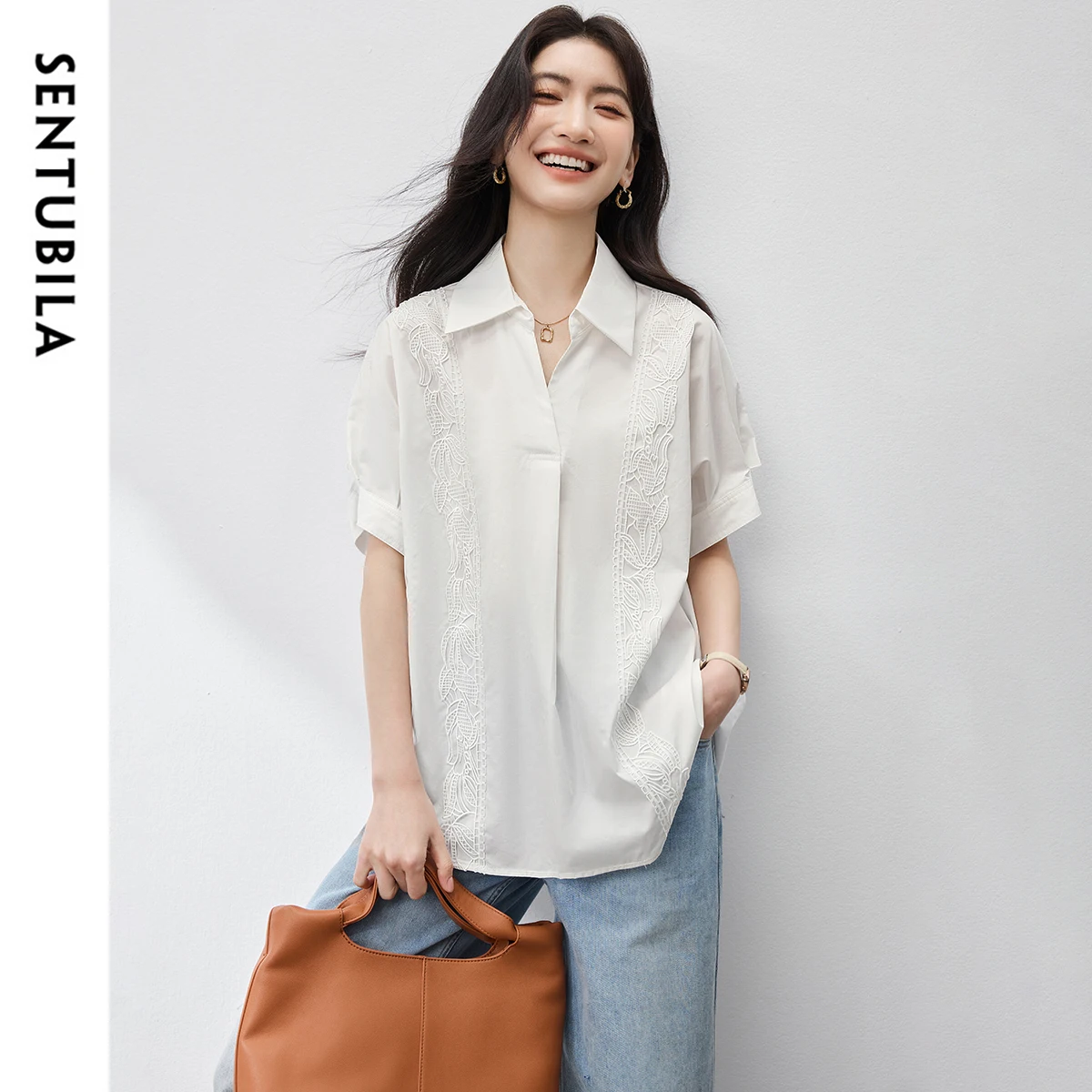 

SENTUBILA Women's Elegant Blouses 2025 New Commute Solid Color Chic Hollow Out Lace V Neck Short Sleeve Casual Shirt 152C80431
