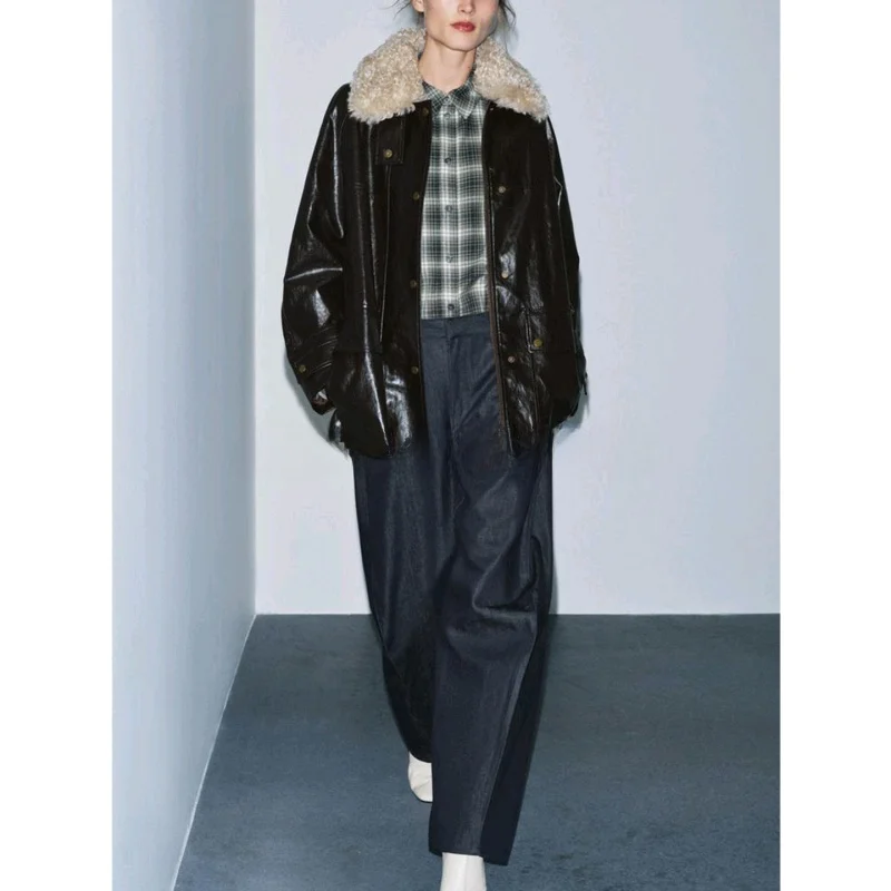 Abrigo largo con cuello Sve para mujer nuevo de invierno con cuello de piel artificial desmontable abrigo informal holgado de fibra de poliéster para mujer...