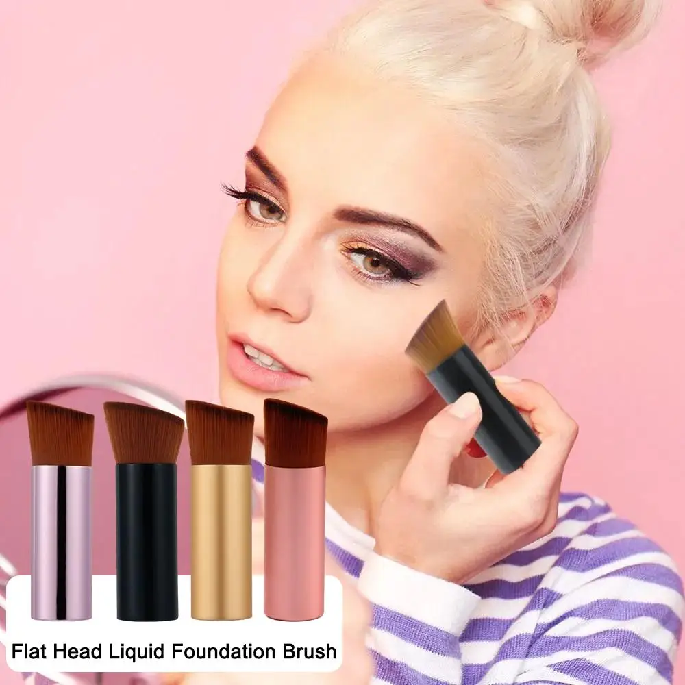 Portátil Mini Flat Foundation Brush para Mulheres, Ferramenta de Maquiagem Manipulada de Metal, Aplicação de Fundação Líquida, Não Coma Pó, E3r9