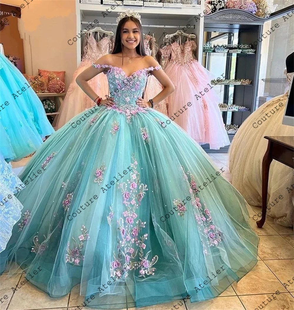 Vestidos de quinceañera azul Lago, apliques de flores 3D rosas, vestido de baile de cumpleaños, vestido de tul con cordones, dulce 16 vestidos, 15