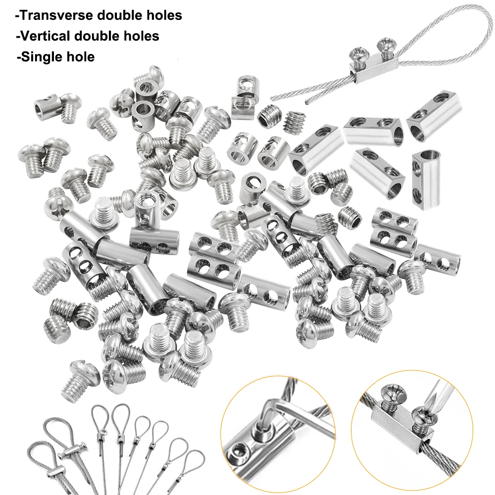 304 Corda metallica in acciaio inossidabile Fibbie a foro singolo/doppio Clip Kit di sospensione per corde luminose Set di recinzioni da giardino (set da 5 metri) da appendere