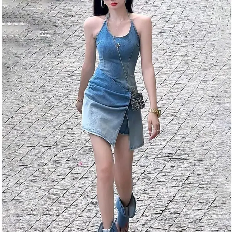 

Women'S Halter-Neck Gradient Denim Blue Dress Women 2025 Summer New Niche Design Slim Versatile Short Fashionable Skirt