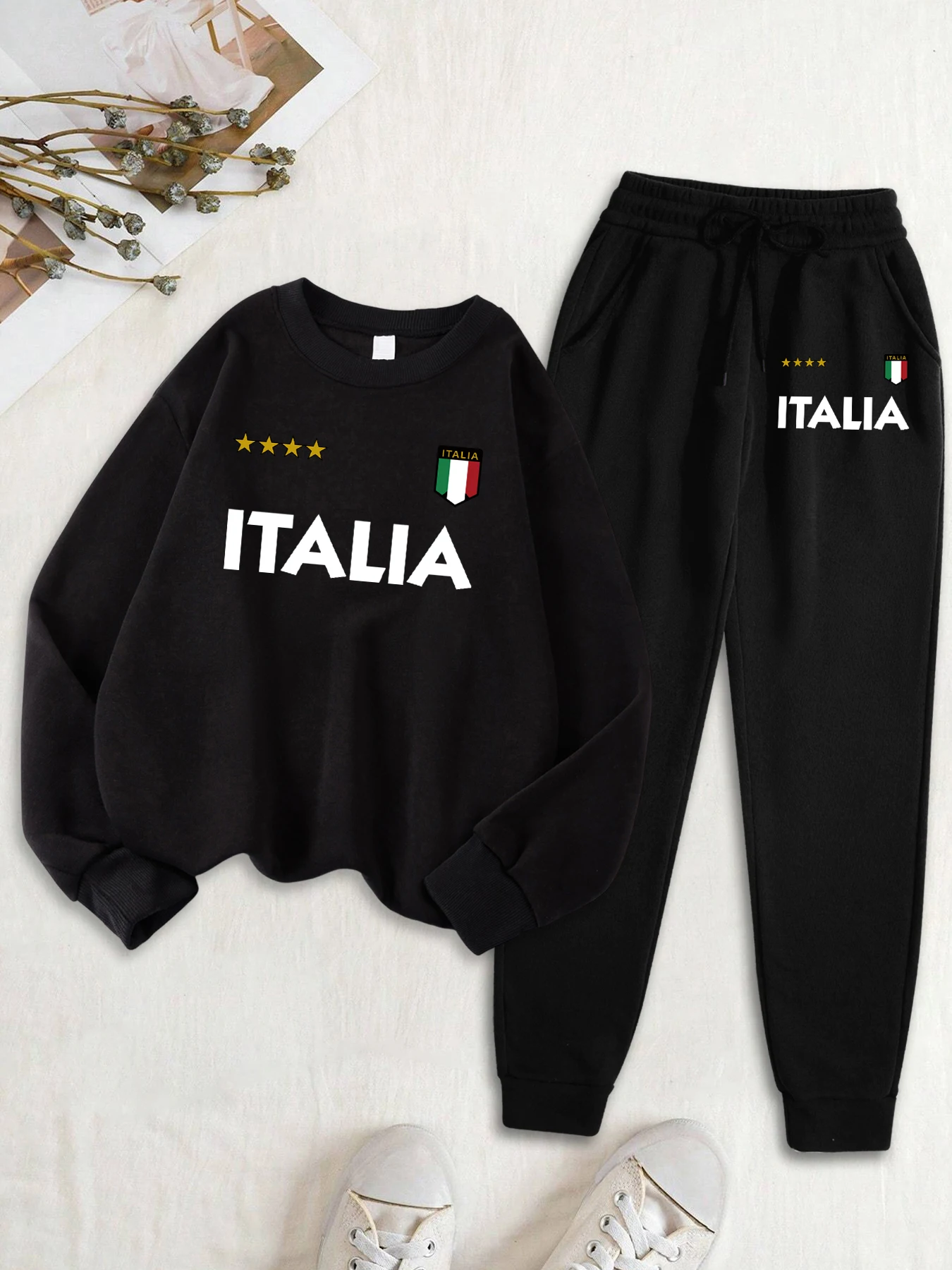 Italia Italian Flag Print Women Tracksuit Suit Warm Fleece Sweatshirt O-Neck Sportswear Autumn Soft Pants Casual Sports Set