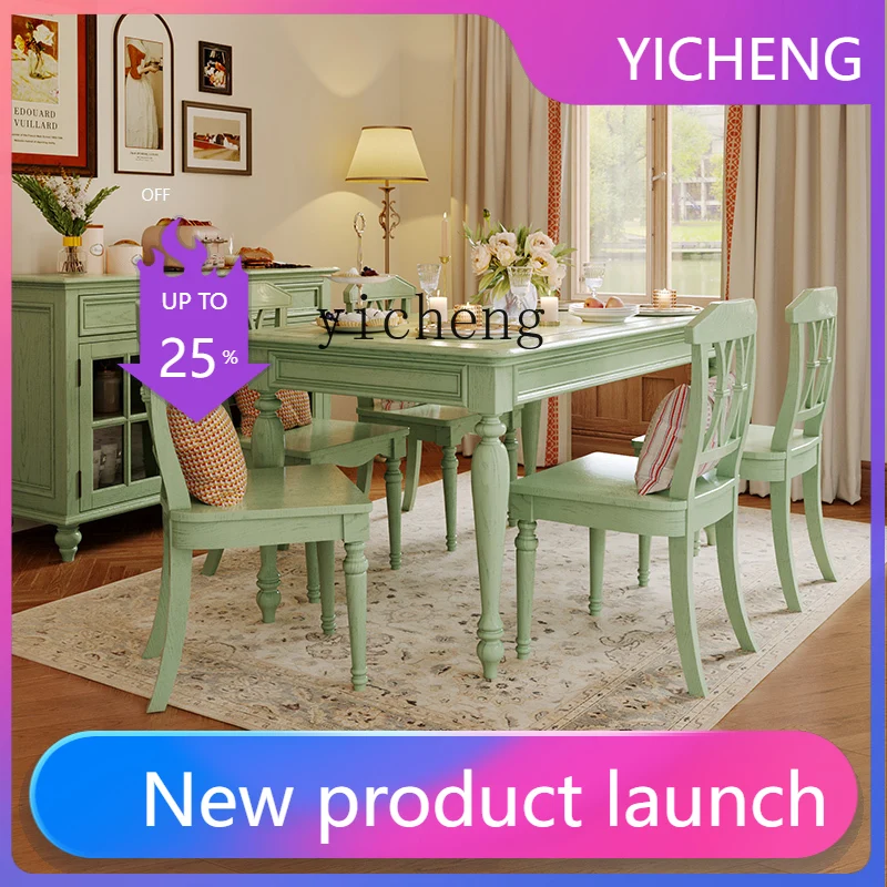

LYY solid wood retro green dining table and chair combination household small apartment rectangular retro ash wood dining
