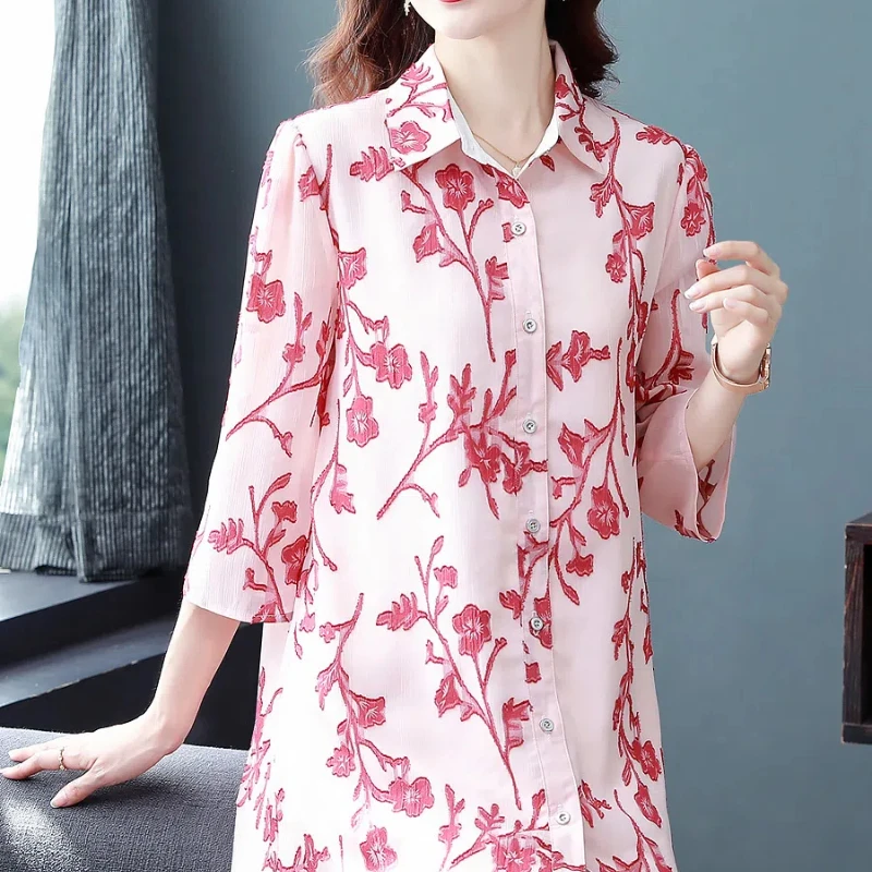 Simplicity Fashion Summer New Women\'s POLO Collar Printing Single Breasted Casual Loose Mid-length 3/4 Sleeve Chiffon Shirt Tops