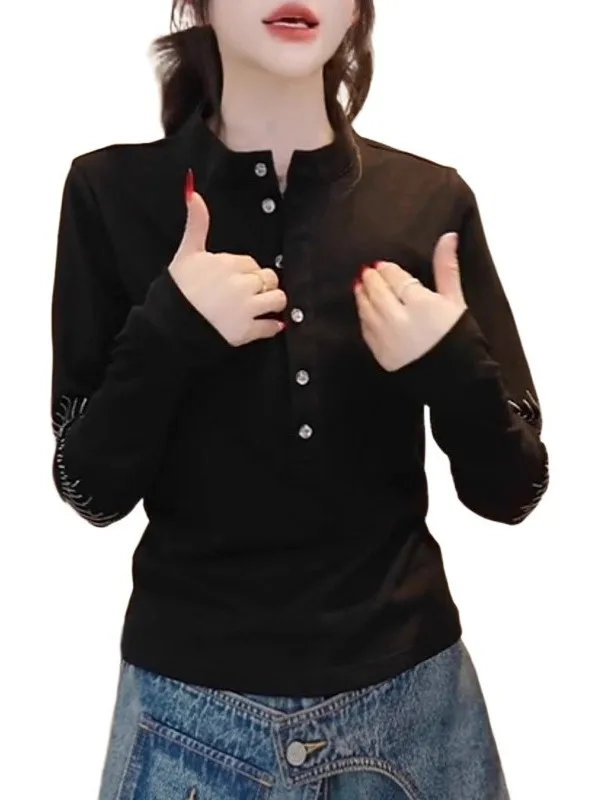 Ele plus size dames lange mouw T-shirt modieus open kraag basic shirt slip top voor het herfstseizoen