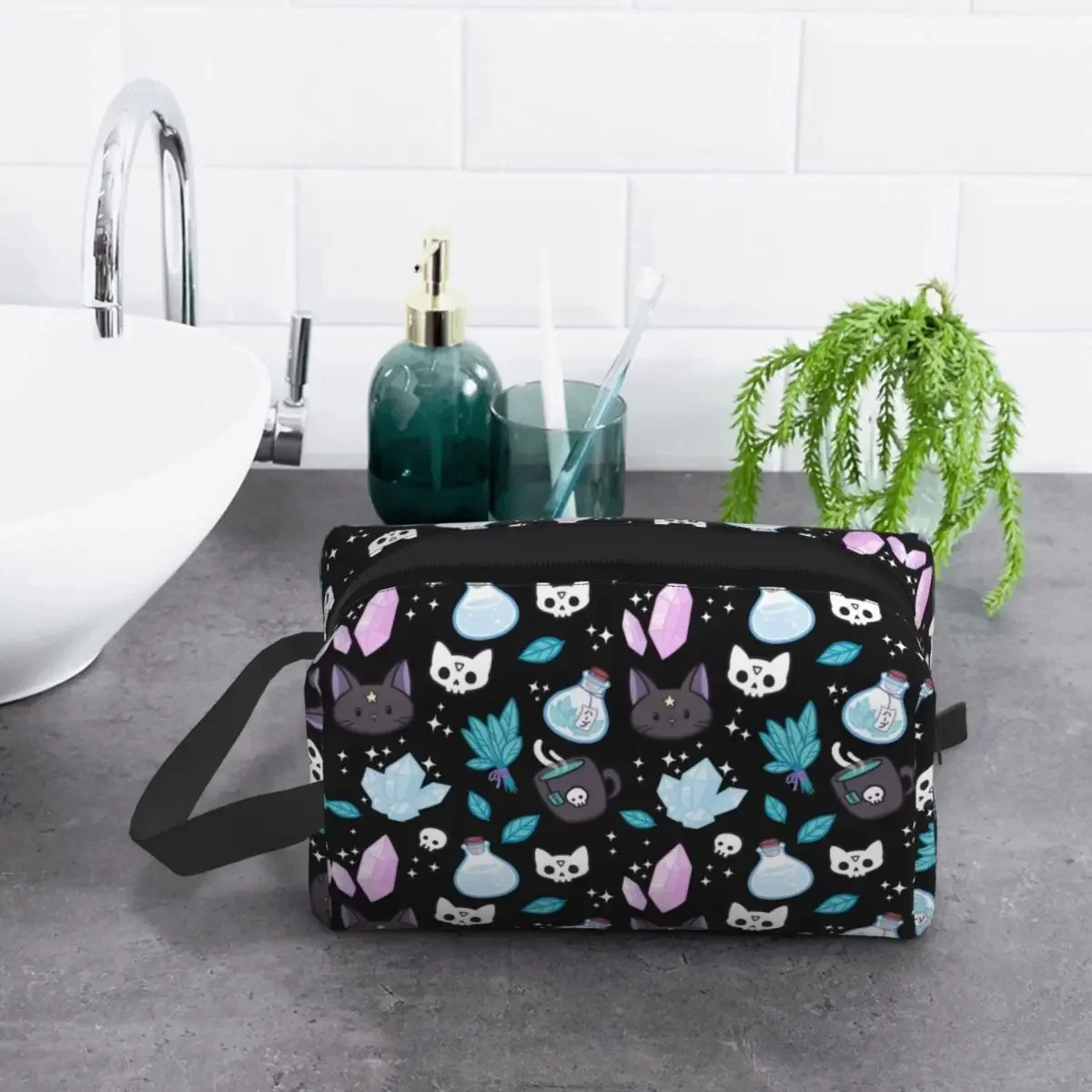 Herb Witch Travel Cosmetic Bag Women Halloween Witchy Spooky Cat Toiletry Makeup Organizer Ladies Beauty Storage Dopp Kit