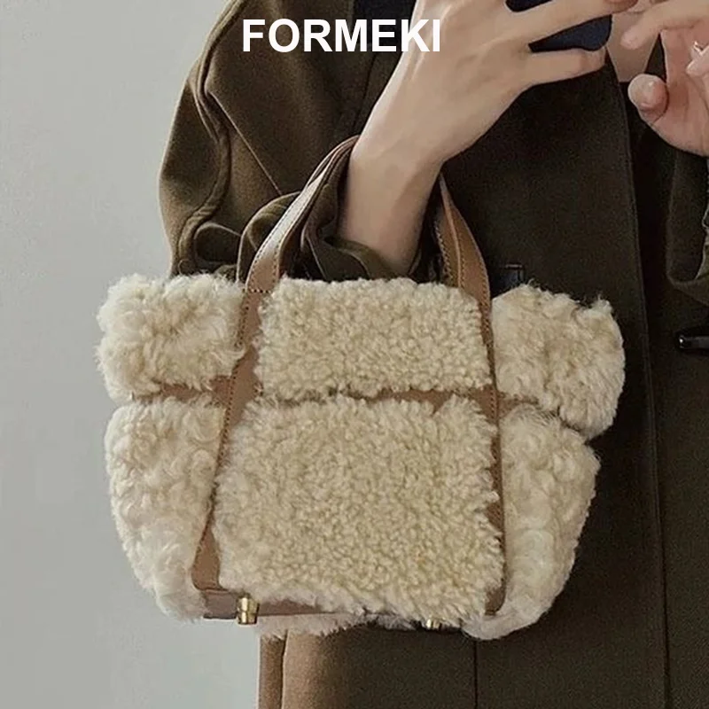 

Formeki Winter Fleece Bag Handbag Ins Fashion Vintage Bucket Tote Bag Fluffy Bag Causal Crossbody Bag For Women