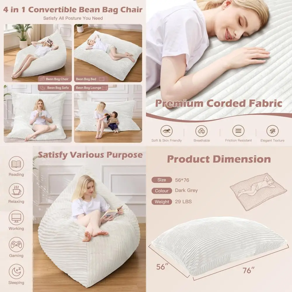 Giant 4-in-1 Convertible Bean Bag Chair with Removable Cover, Memory Foam Cushion, Suitable for Living Room and Bedroom, Beige