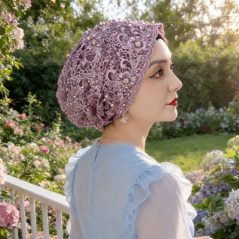 

Embroidery Beaded Lace Hijab Hat Mesh Beanies Cap Muslim Women Bonnet Islam Wedding Party Headscarf Hair Loss Head Wrap Turbante