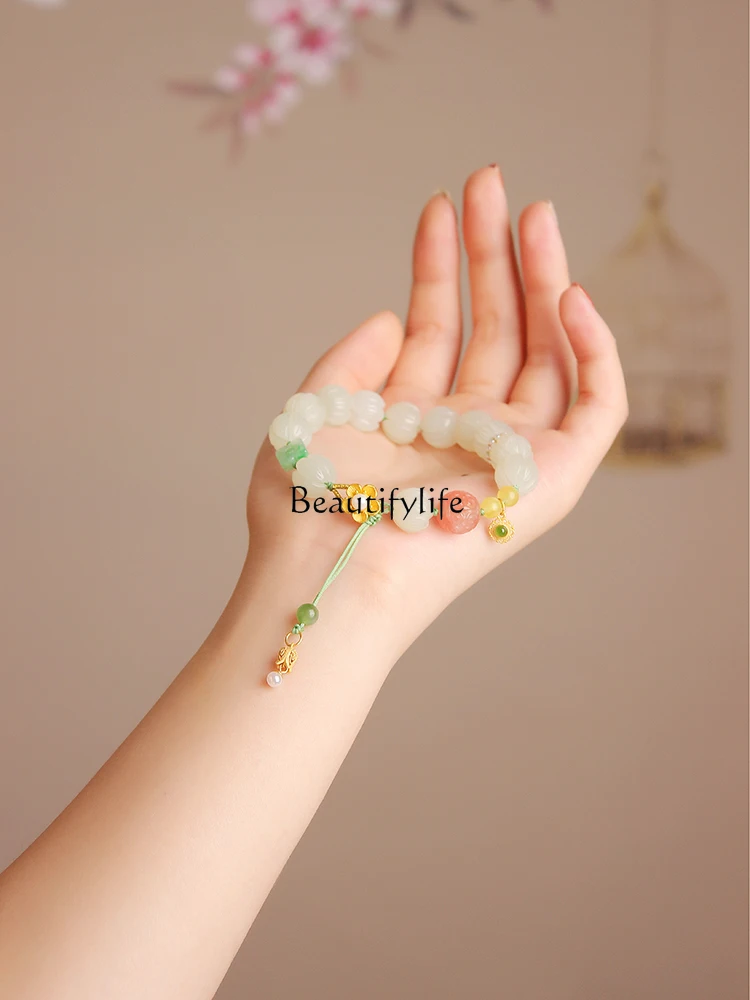 Natural Hetian Jade Bracelet Girls Lotus Beads Bracelet with South Red Fret Beads Jade