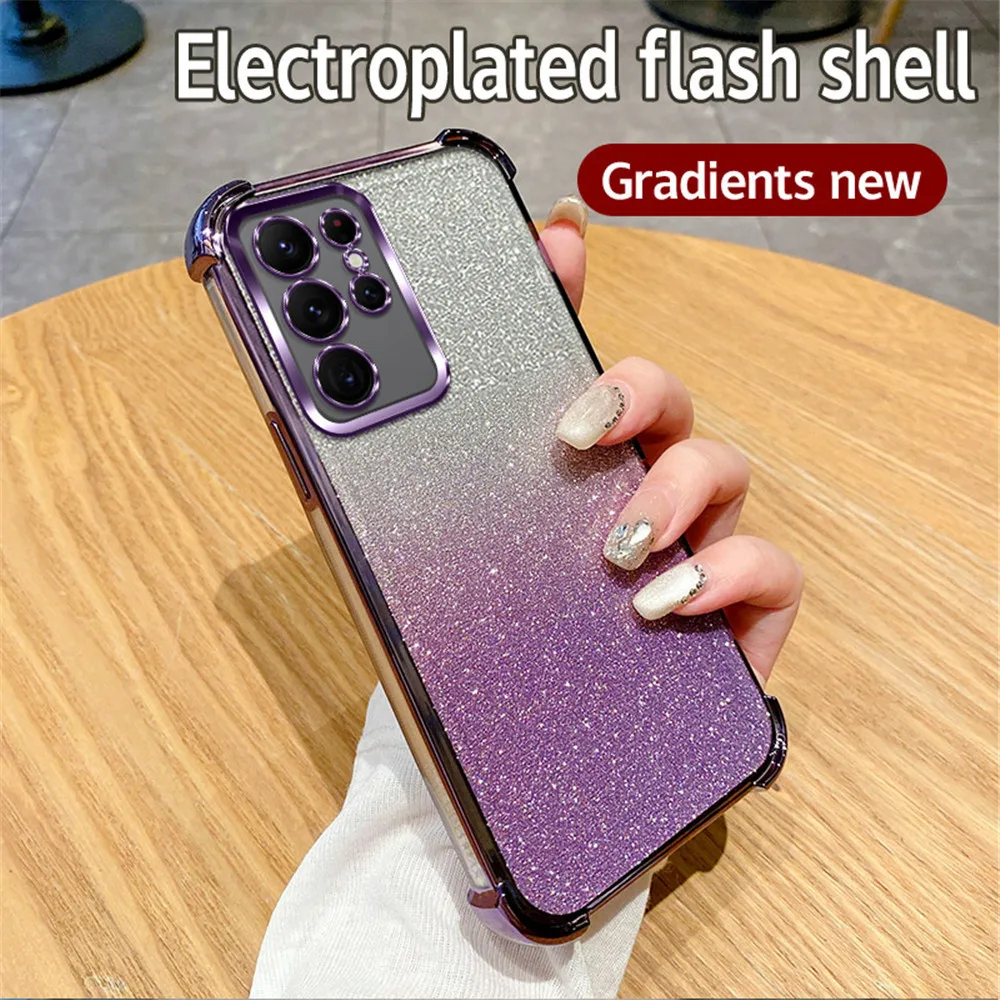 Gradient Glitter Plating Clear Phone Case For Samsung Galaxy S24 S23 S22 Plus Ultra S20FE S21FE Note 20 Ultra Shockproof Cover image 2