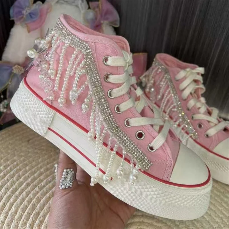 

Холщовые туфли ручной работы с жемчужной бахромой и стразами, розовые повседневные спортивные женские туфли большого размера с высоким берцем, размеры 35-44