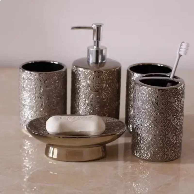 Silver Ceramics Five Piece Set Gifts Soap Bottle Gargle Cup Soap Dish Toothbrush Holder Washing Tools Bathroom Toiletry Set