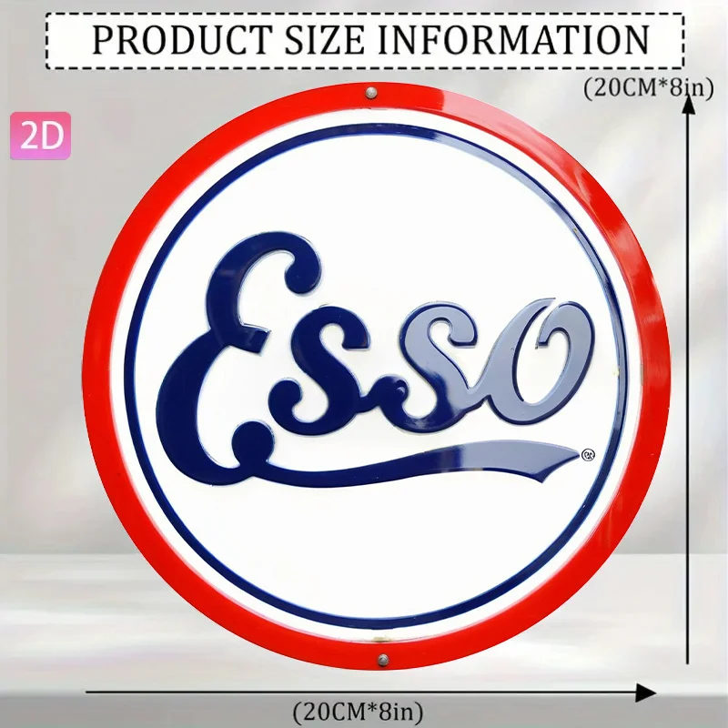 2D Flat, Vintage Esso Gasoline Pump Sign - Aluminum Retro Metal Wall Decor with Red & Blue Logo, Weather-Resistant Automotive Ga