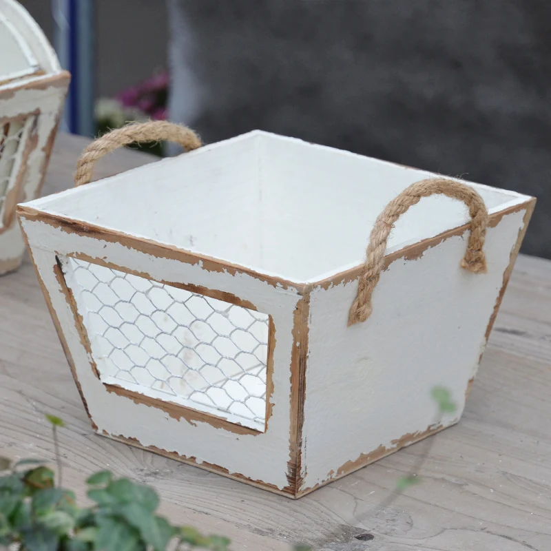 French Farmhouse Vintage Trapezoid Off-White Wooden Flower Planter Pot Collection Storage Organizer Decorative Sundries Caddy