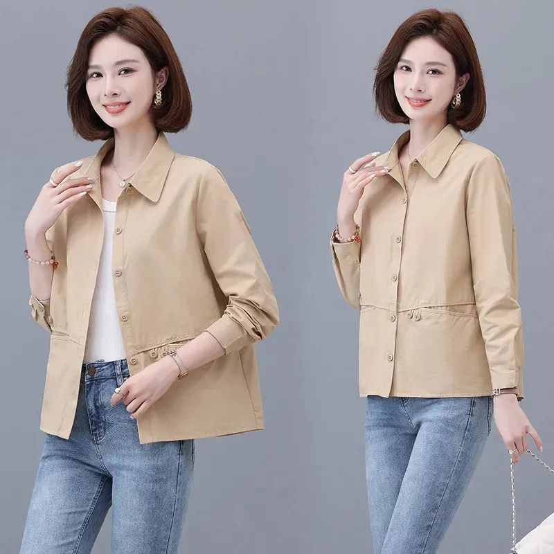 

2024 Wpring Women Loose Middle-aged Mother's Long-sleeved Coat Joker Female solid Color New Jacket Temperament Shirt Overcoat