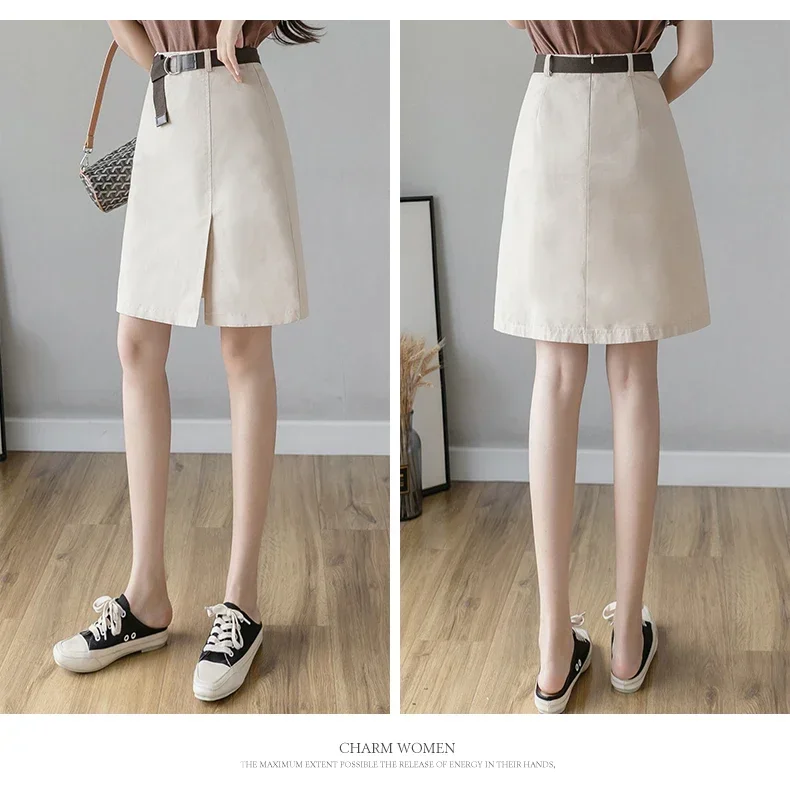 

Fashion Skirt Women A Line Mini Lining 2024 Casual Vintage Skirt Belt Korean High Waist Skirts Female Split Bottoms P511