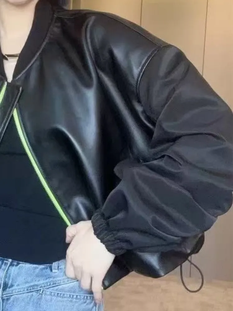 Leisure Style Ladies Solid Color Genuine Leather Jacket Loose Sheepskin Pocket Zipper Long Sleeves Top Quality Outerwear