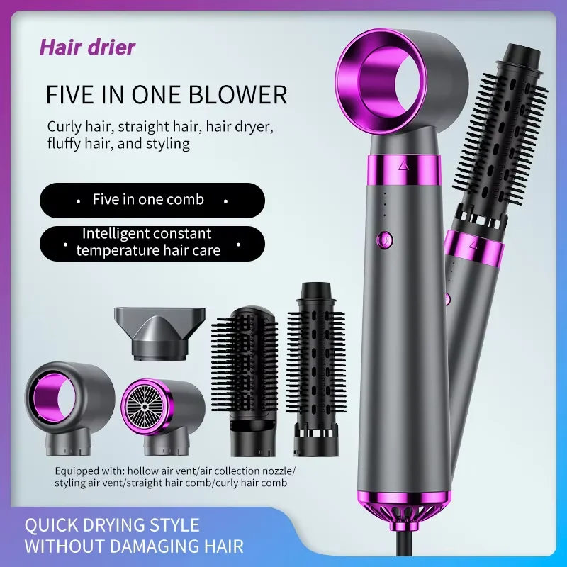 HOMEFISH 5-in-1 Electric Hair Dryer with Automatic Straight & Curling Iron Hot Air Comb & Diffuser for Outdoor Use AC Motor