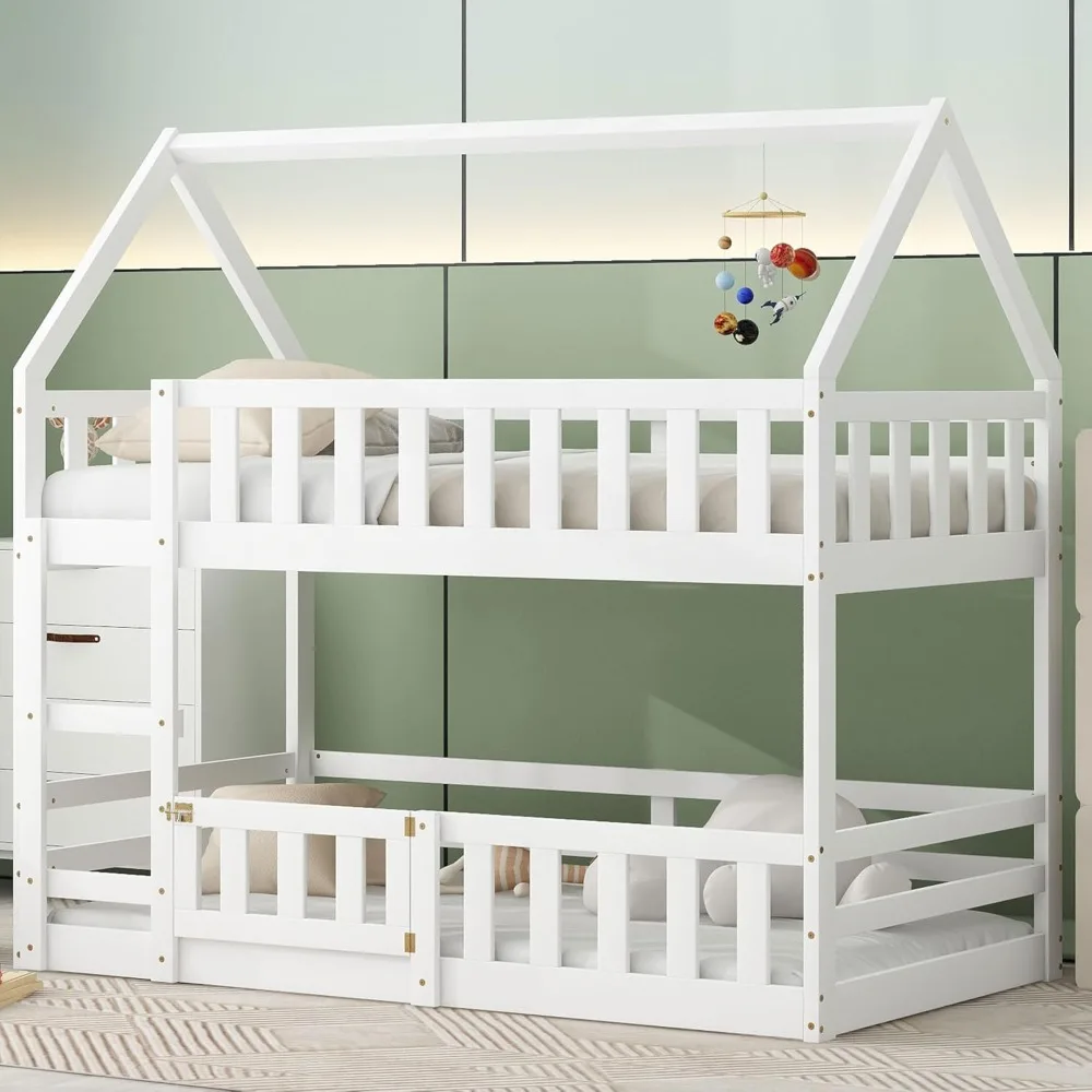 

Twin Over Twin House Bunk Bed,Solid Wood Twins Size Kid House Beds with Fence and Door,Twin Size Floor Bunks Bed for Kids,Girls