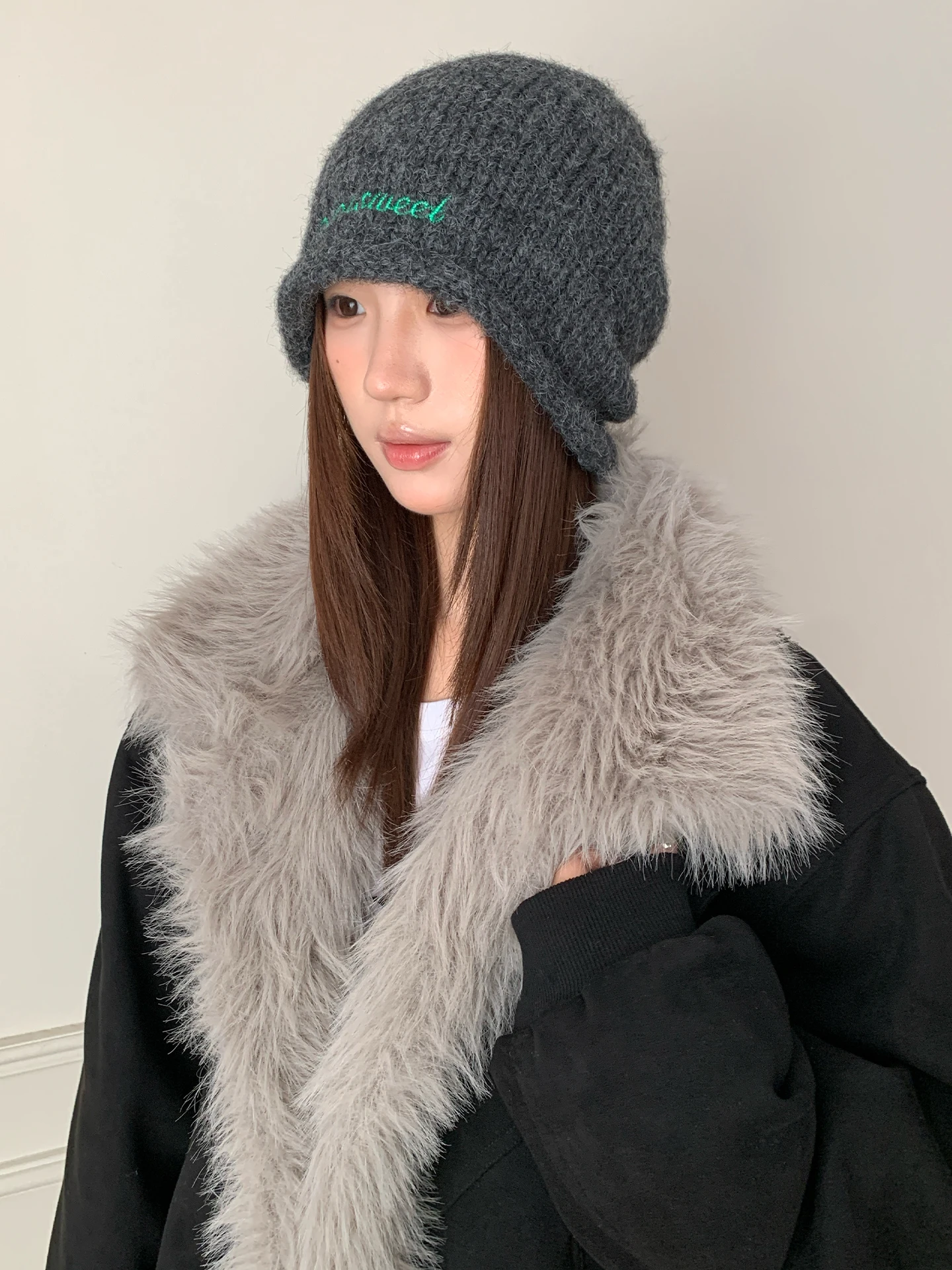 High-End Large Head Circumference Letter Rolled Brim Slouchy Hat Women's Vintage Beanie Casual Full Coverage Hat Knitted Hat