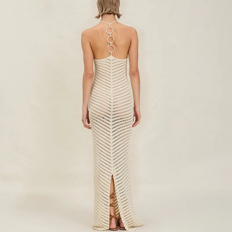 مثير محبوك الجوف خارج الرسن الرقبة حزام ضيق فستان طويل المرأة الأخضر حول الرقبة عارية الذراعين تصميم فستان عطلة فستان الشاطئ