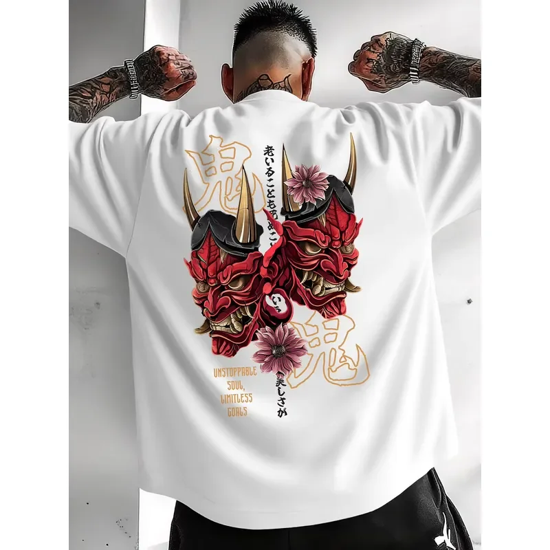Japanese Anime Devilish Face Print 100% Cotton Men Woment T-shirt Summer Autumn Daily Outdoor Sports Casual Street