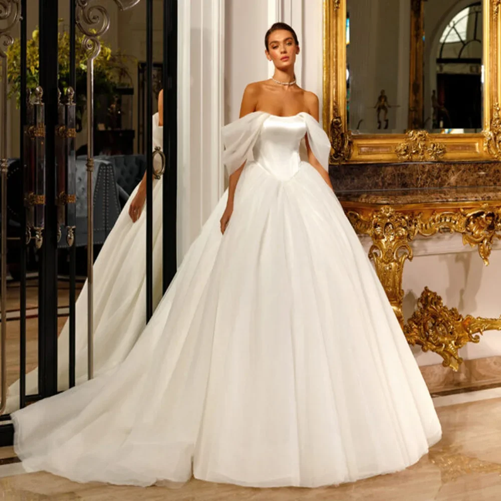 Customized Ball Gown Wedding Dresses Scoop Neck Off The Shoulder Tulle Sweep Train Backless Corset Bridal Gown vestidos de novia