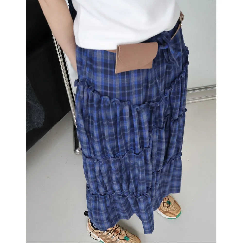 Lente 2025, Dongdaemun retro geruite geplooide ruches f rok lange Dr Koreaanse Sle A-lijn katoen polyester gebreide rok