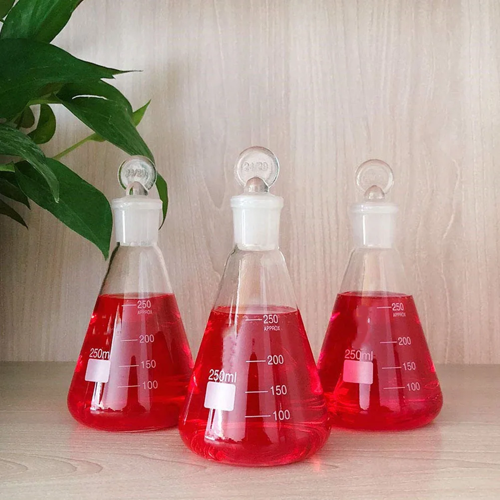 

3Pcs Conical Laboratory Flask Glass Durable Stopper Heating Safe for School Chemistry Experiment Thickened Experimental Supplies