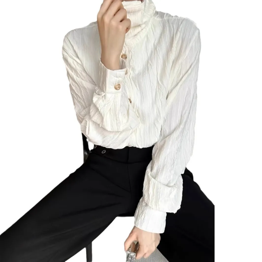 Unisex Casual Shirts 2025 New French Chic Cleanfit Shirt Stand Collar Ruched Design Retro Texture Long Sleeve Elegant Casual Top