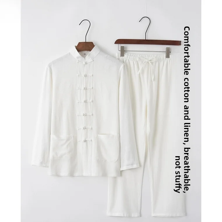 

Повседневный мужской костюм Тан из хлопка и льна с пуговицами, в традиционном китайском стиле, большие размеры, молодежный комплект, домашняя одежда