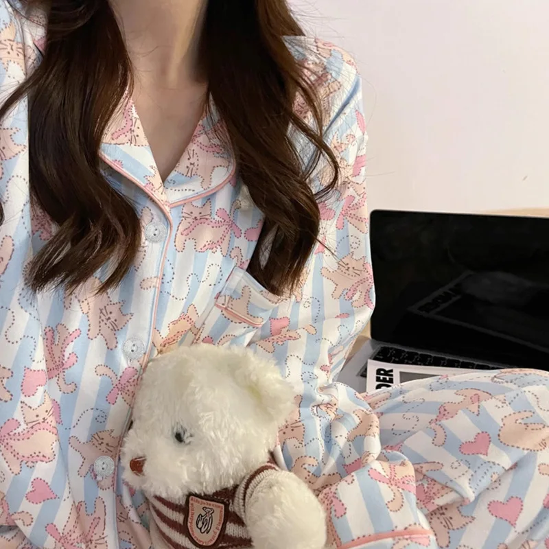 Spring and Autumn New Ladies Korean Pajamas Homewear Set Girls Students Long-Sleeved Pajamas Senior Sense of Homewear Set 3