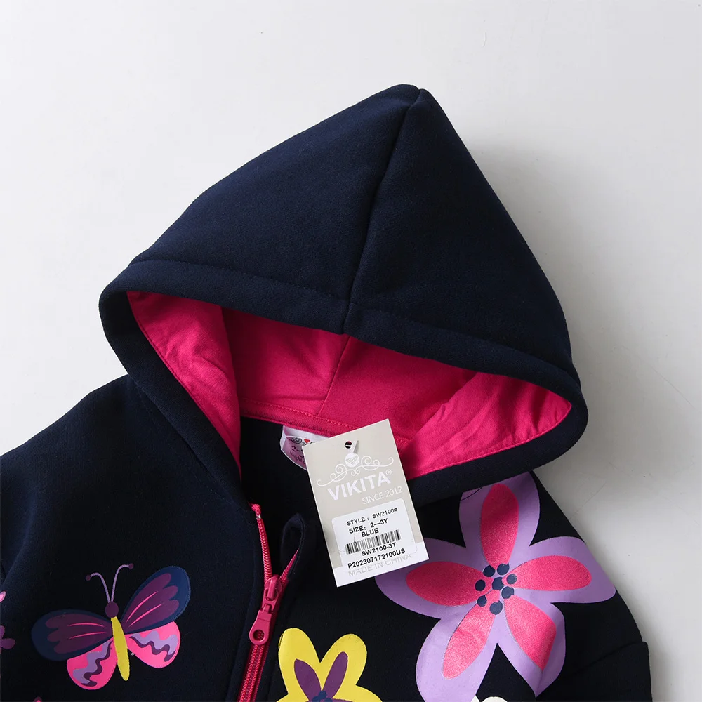 VIKITA Girls Autumn Spring Jackets Kids Hooded Coat Girls Floral Print Zipper Cotton Casual Thick Jacket Children Outwear 3-12 Y