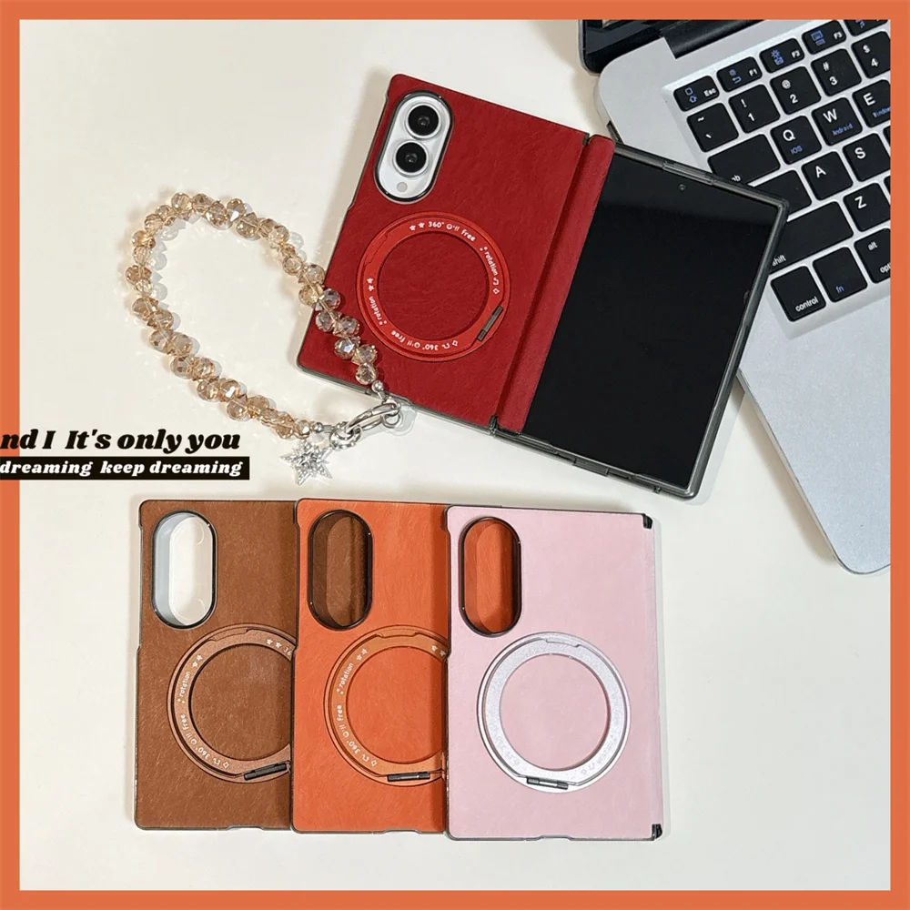 Retro Leather Case For Samsung Galaxy Z Fold8 Hinge Kickstand Crystal Star Bead Chain Shockproof Hinge‑Protect Hard Cover Girls