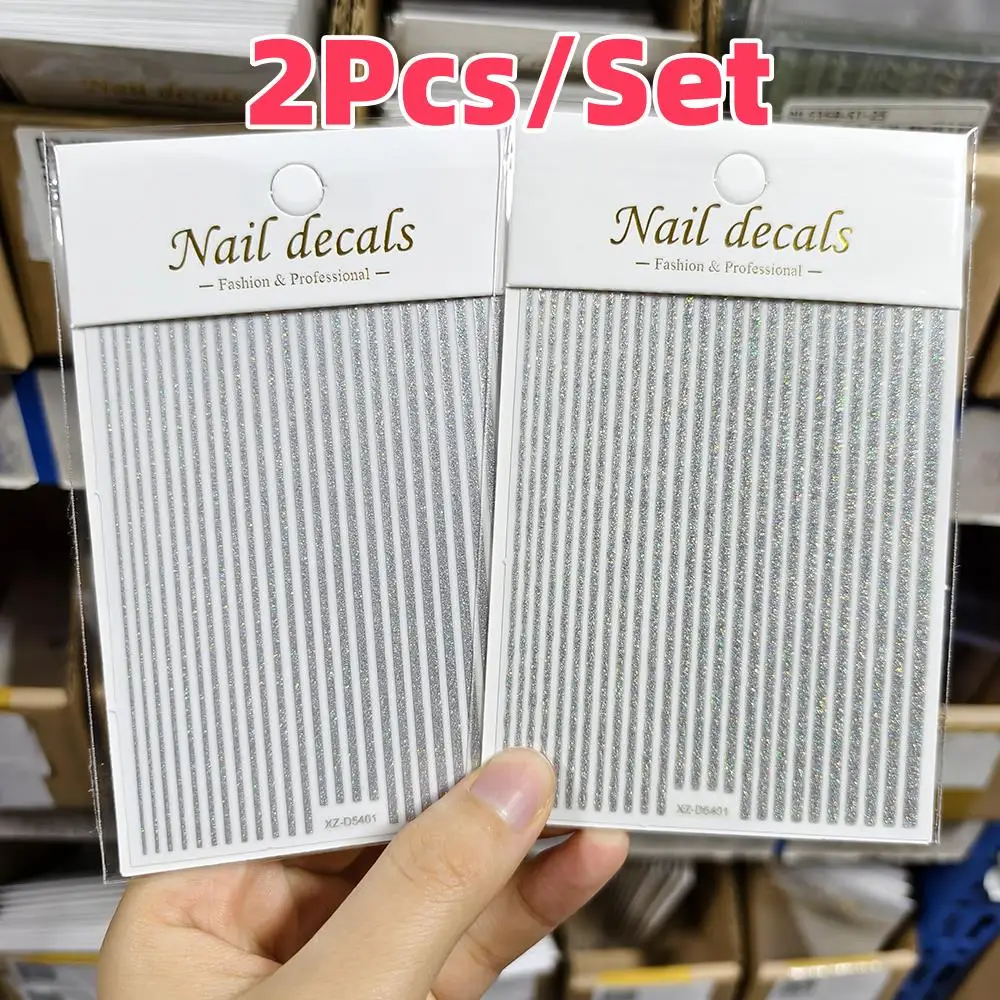 1/2Pcs Silber Glitter Linien Nagel Aufkleber Reflektierende Metall Gerade Streifen Französisch Nägel Aufkleber Klebstoff Einfache Maniküre sliders