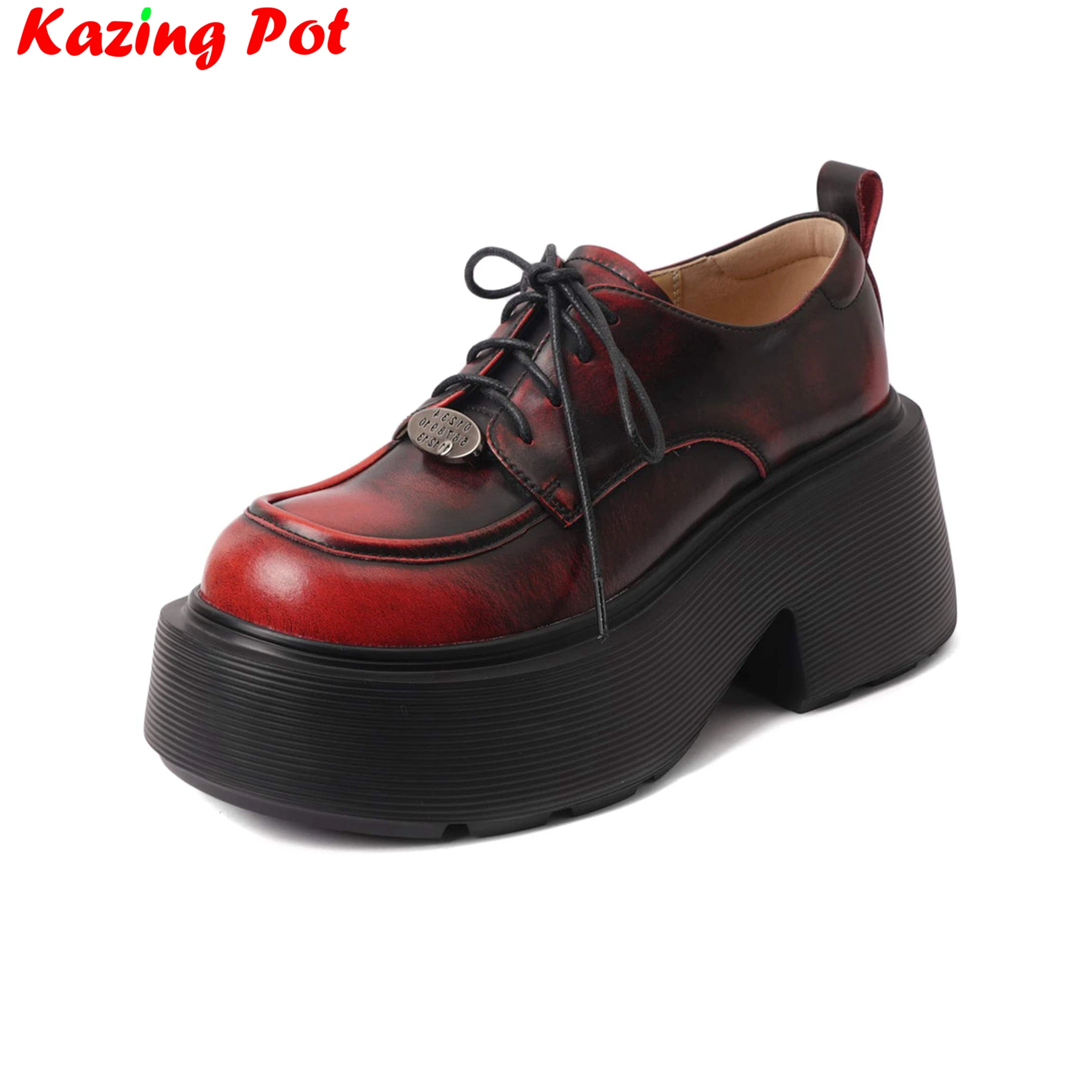 Krazing Pot Cow Leather Thick Bottom Increase Chunky High Heels Summer Autumn Shoes Vintage Casual Comfort Platform Women Pumps