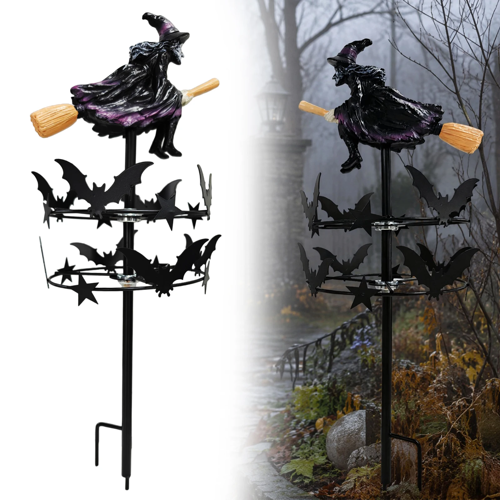 Outdoor Witch Garden Stake Weather Resist Halloween Lawn Ornament Magic Witches Garden Windmill for Lawn Yard Flower Bed Walkway