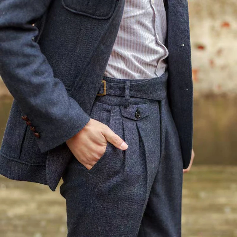 Pantalones Vintage Gurkha para hombre, estilo inglés, cintura alta, Pantalones rectos informales inteligentes, moda de lana para otoño e invierno, traje de Nápoles