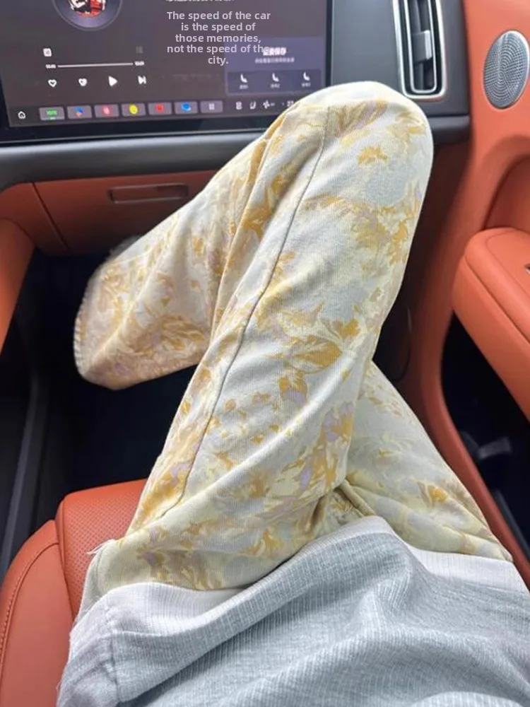 

Желтые джинсы с вышивкой в стиле тай-дай для мужчин, повседневные, весна-осень, уличный стиль, хип-хоп, длинные брюки, низкая посадка, широкие штанины, хлопок/полиэстер