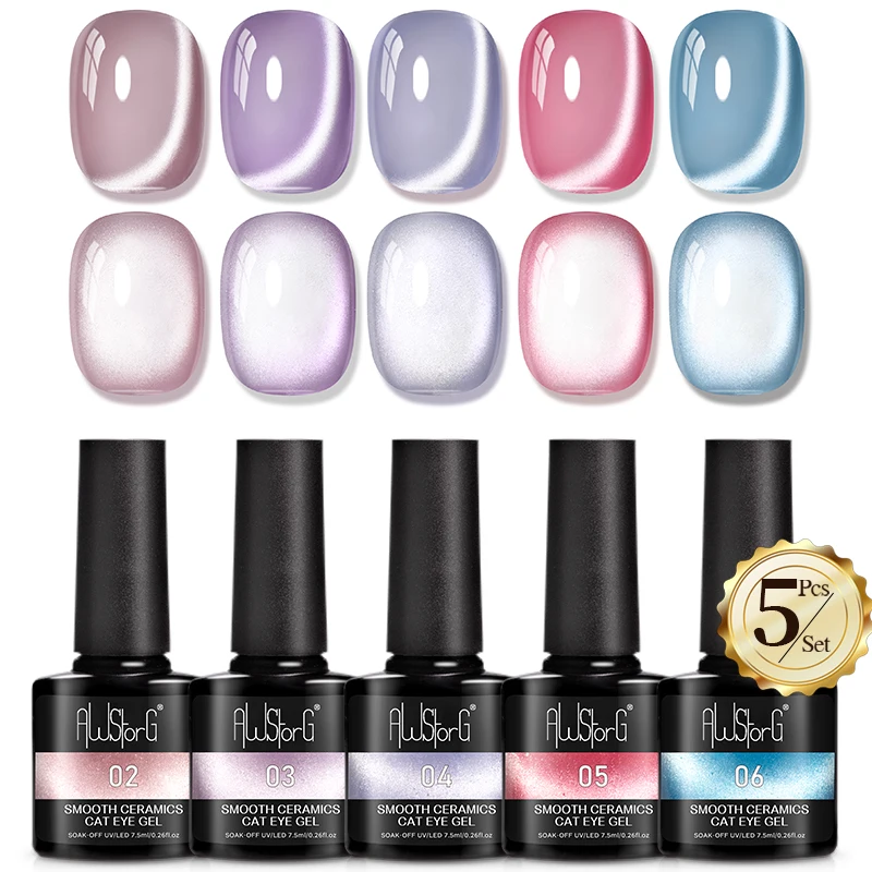 5-teiliges Set mit glattem Keramik-Katzenaugen-Gel-Nagellack, ablösbarer UV-LED-Magnet-Nagelgel-Lack, holografischer Schimmer, Maniküre, DIY-Nagel
