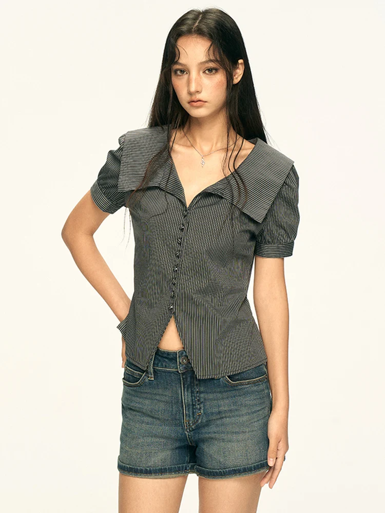Aaisup American Retro Striped Bubble Short Sleeve Shirt Women Summer Spicy Waist Cinching Personality Slimming Collar Shirt