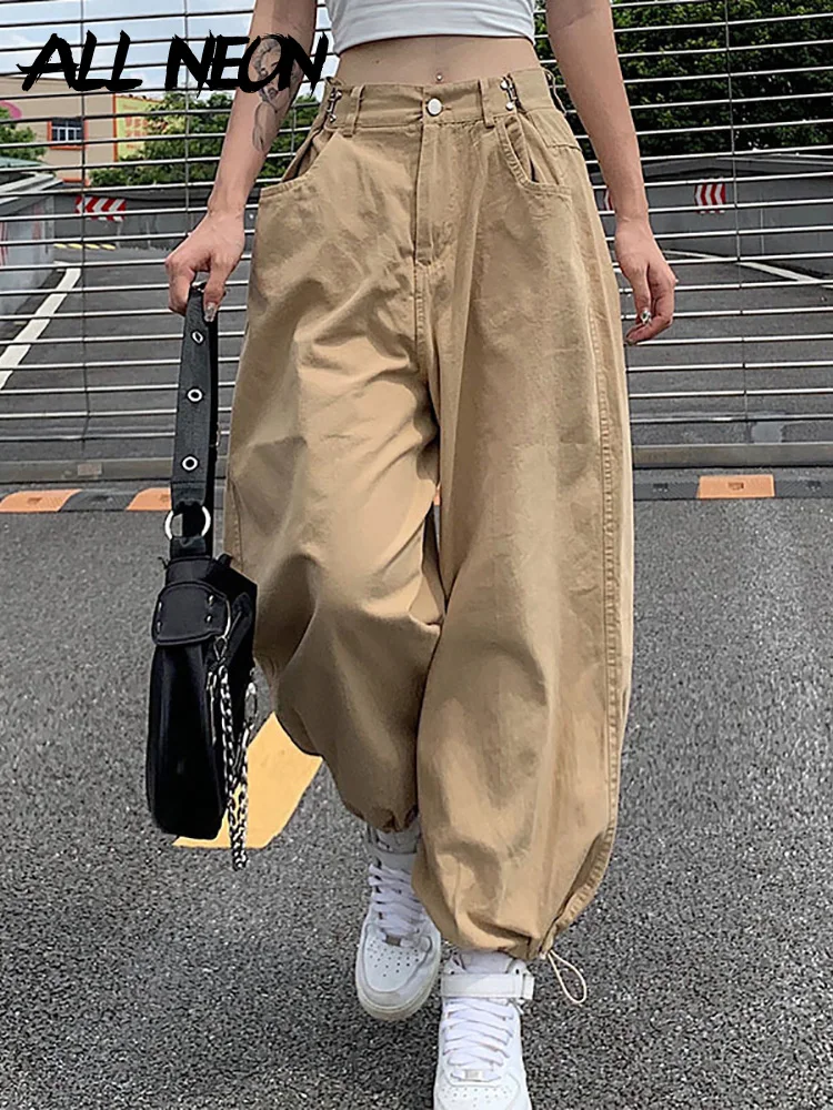 ALLNeon Y2K Fashion Khaki ponadgabarytowe spodnie Cargo styl hip-hopowy luźna regulowana talia ze ściąganym kapturem, długa spodnie Streetwear 90s