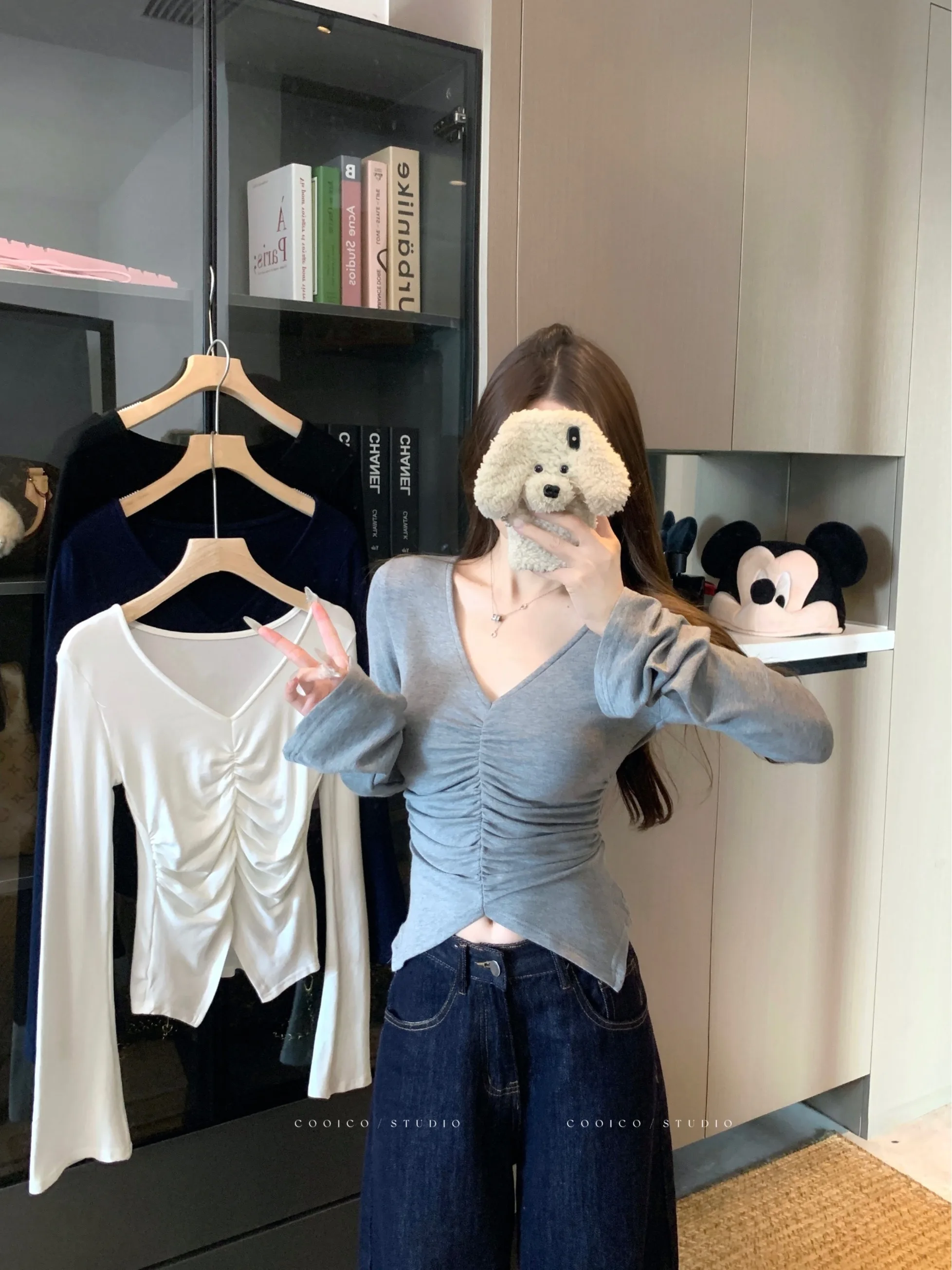 

plus Size Women's Slim Fit Long Sleeve V-Neck T-Shirt Korean Style Commute Wind Early Autumn New Design Sense Pleated Base Top