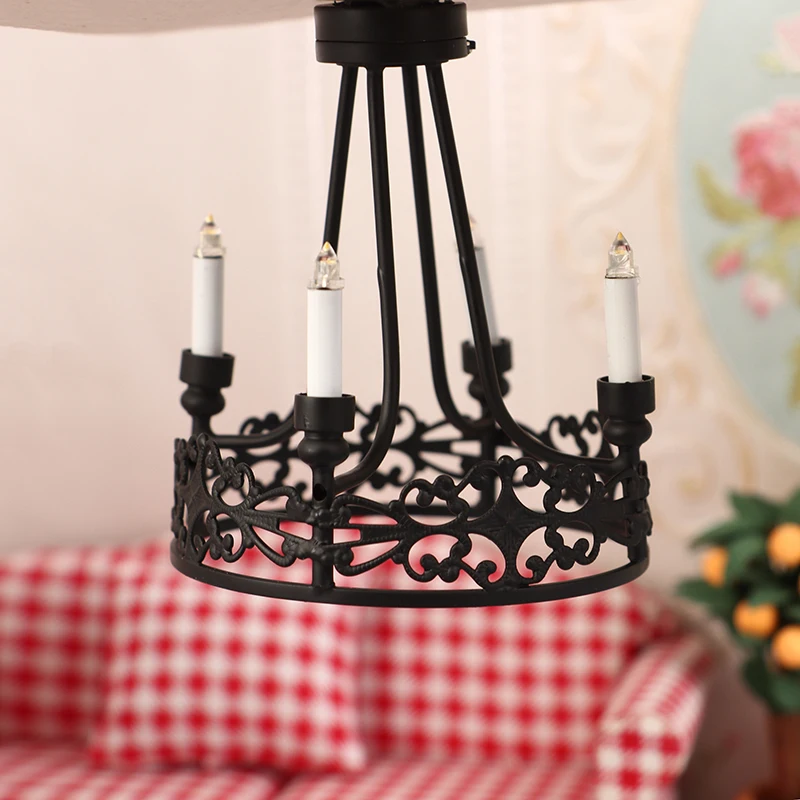 1:12 Dollhouse Miniature LED Light Wall Lamp Black Four-head Round Chandelier Home Lighting Model Furniture Decor Toy