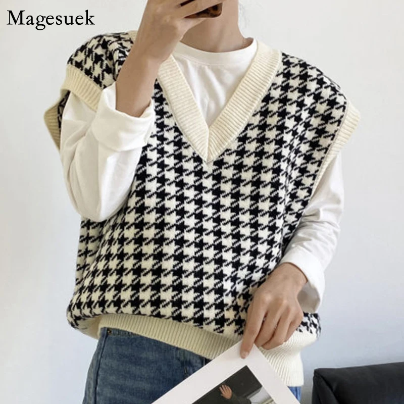 Houndstooth Plaid Knitted Sweater Vest Women Vintage Winter Pullover Women V Neck Loose Sleeveless Sweaters Waistcoat Tops 17502