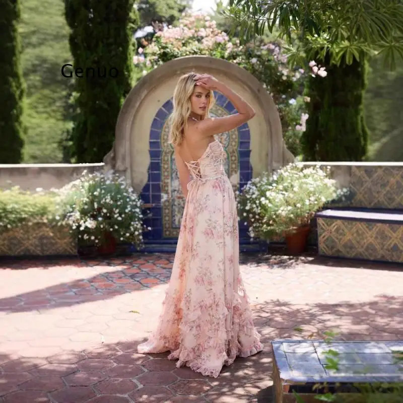 Vestido elegante de verano para mujer, vestido con cuello colgante de perlas y temperamento, estampado de flores bohemias, corte ajustado, vestido largo con abertura Sexy para vacaciones