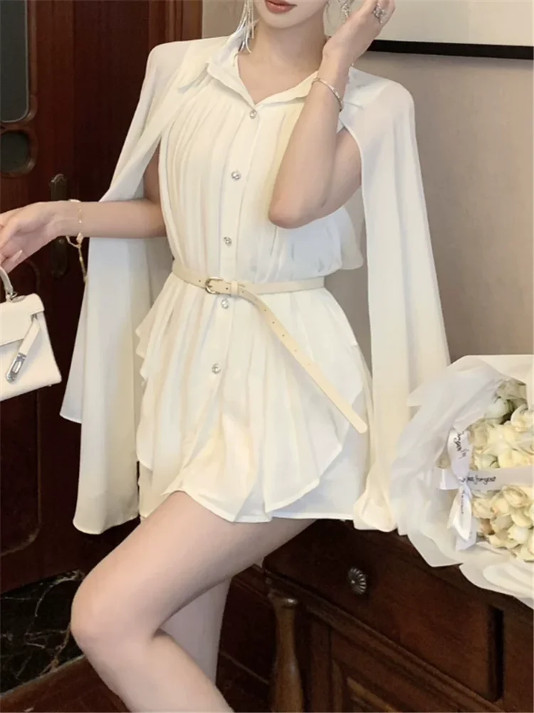 Stunning Women White Chiffon Pleated Long Sleeve Shirt 2026 New Fall Chic Belt Long Cloak Shawl Retro Elegant A Line Blouse Top